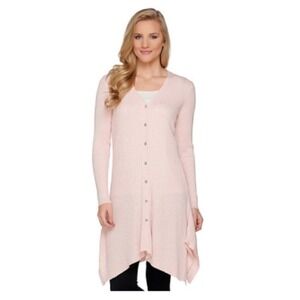 H by Halston Ribbed Long Cardigan, Hanker Chief Hem, Light Pink, Size XL